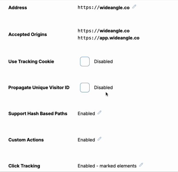 Wide Angle Analytics Cookie and Cookieless settings