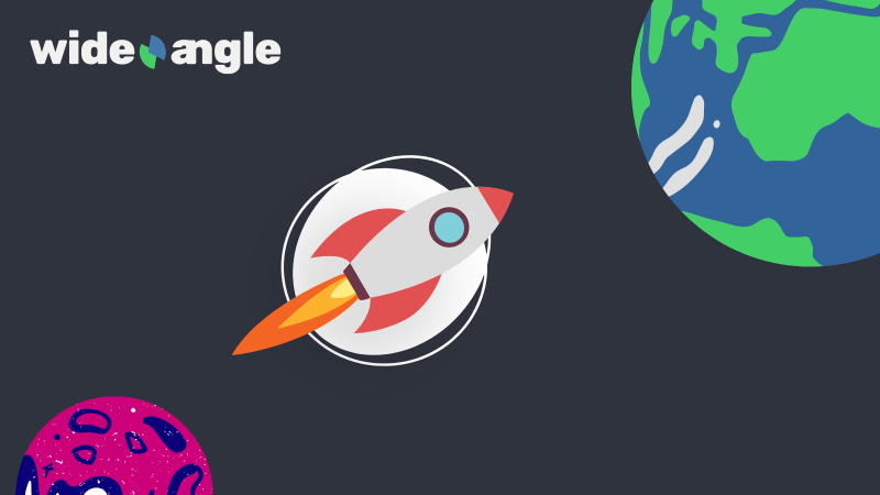 Rocket traveling from pink moon to blue and green planet