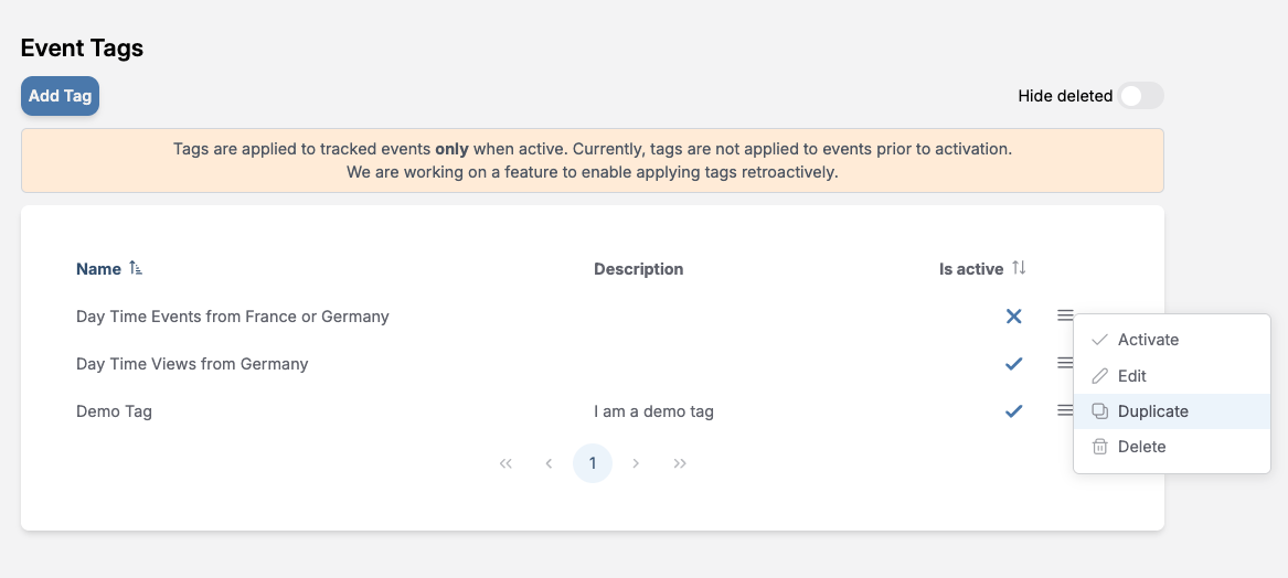 Context menu allowing duplication of existing tag in Wide Angle Analytics